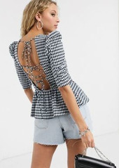 Topshop gingham puff sleeve blouse in navy