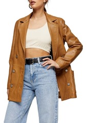 Topshop Jay Double Breasted Leather Boyfriend Blazer in Tan at Nordstrom