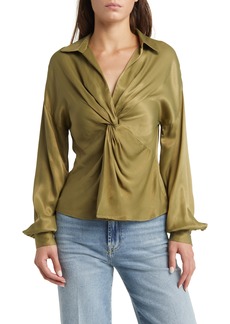 Topshop Knot Front Long Sleeve Satin Top in Khaki at Nordstrom Rack