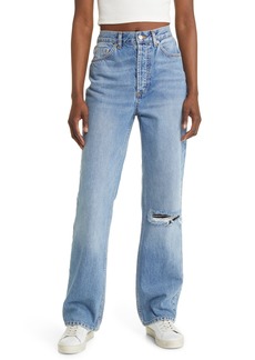 Topshop Kort Ripped Knee Straight Leg Jeans in Mid Blue at Nordstrom Rack
