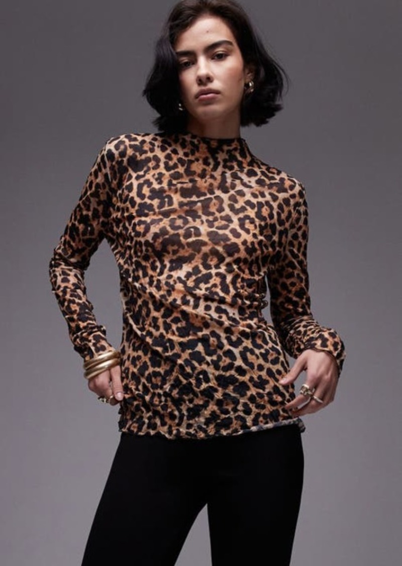 Topshop Leopard Print Crinkle Long Sleeve Top