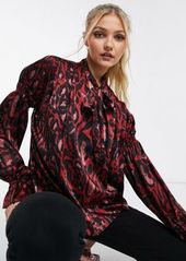 Topshop leopard print sleeve detail blouse in burgundy