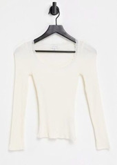 Topshop long sleeve lace trim top in neutral