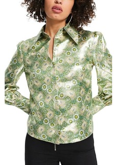Topshop Metallic Floral Print Button-Up Shirt in Light Green at Nordstrom