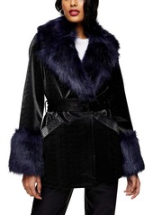 Topshop Monikh Faux Fur & Faux Leather Coat