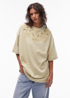 Topshop Oversize Embroidered Cotton T-Shirt in Beige at Nordstrom Rack