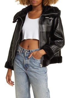Topshop Faux Leather Aviator Jacket with Faux Fur Trim