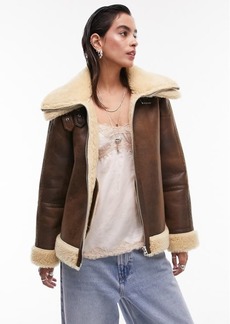 Topshop Faux Leather Aviator Jacket with Faux Fur Trim