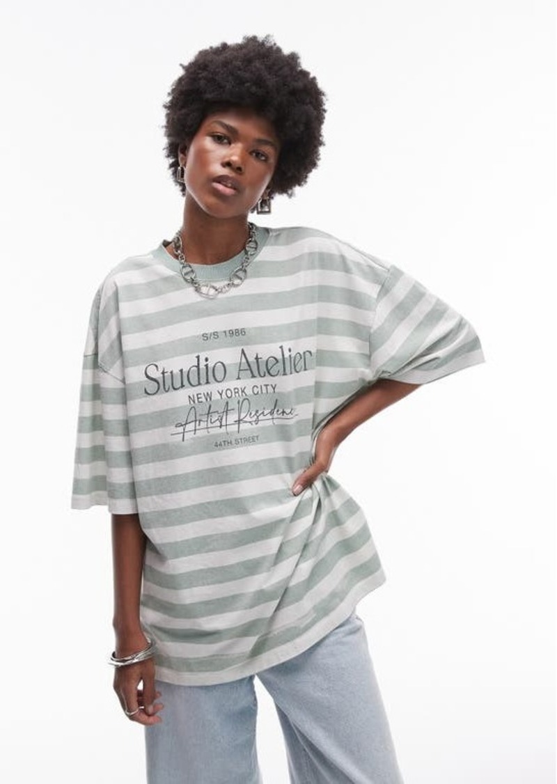 Topshop Oversize Stripe Atelier Cotton Graphic T-Shirt