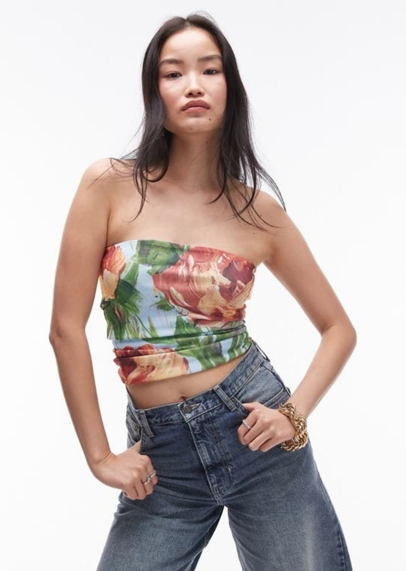 Topshop Painted Floral Strapless Crop Top