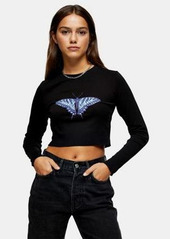 Topshop Petite butterfly motif long sleeve crop top in black