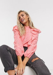 Topshop pink plaid ruffle detail blouse in coral
