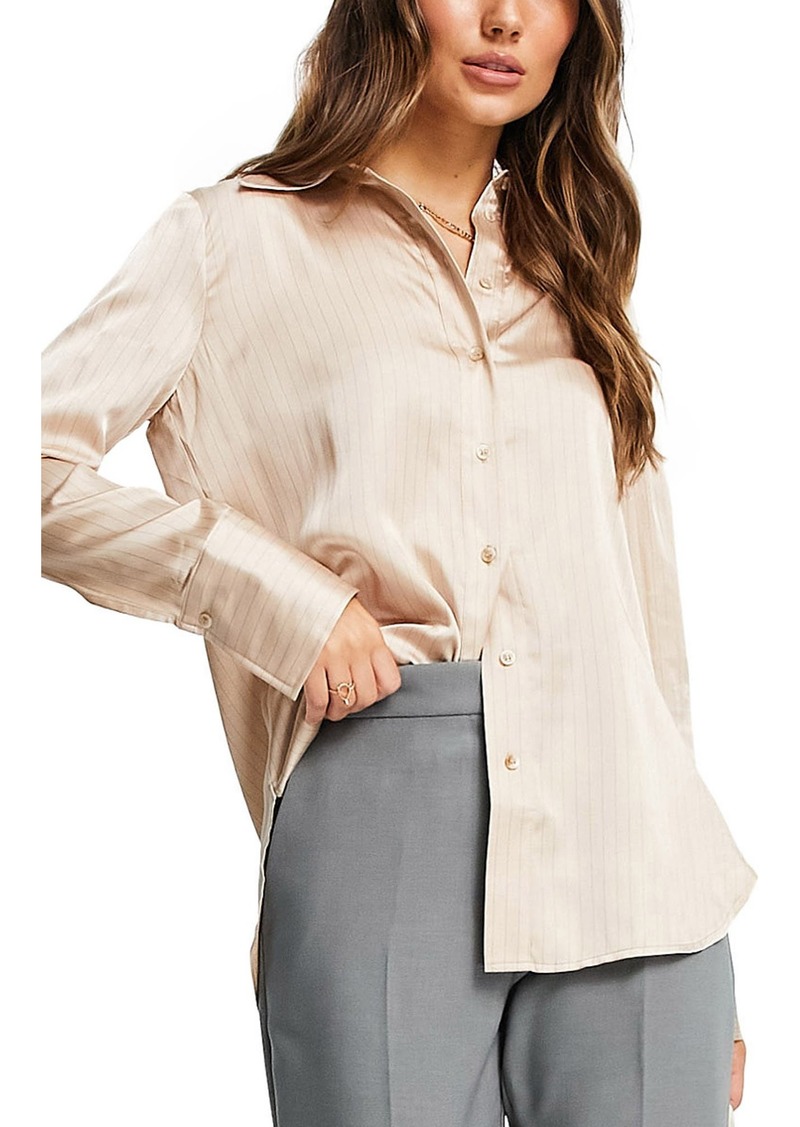 Topshop Pinstripe Long Sleeve Satin Blouse in Stone at Nordstrom