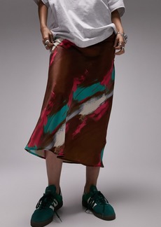 Topshop Printed Satin Midi Skirt in Brown Multi at Nordstrom Rack