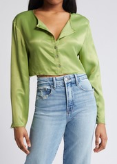 Topshop Raw Edge Satin Crop Button-Up Top in Mid Green at Nordstrom Rack