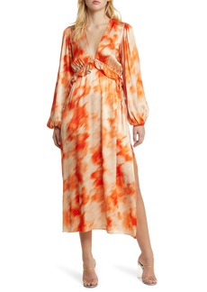 Topshop Riviera Tie Dye Long Sleeve Satin Dress in Orange at Nordstrom Rack