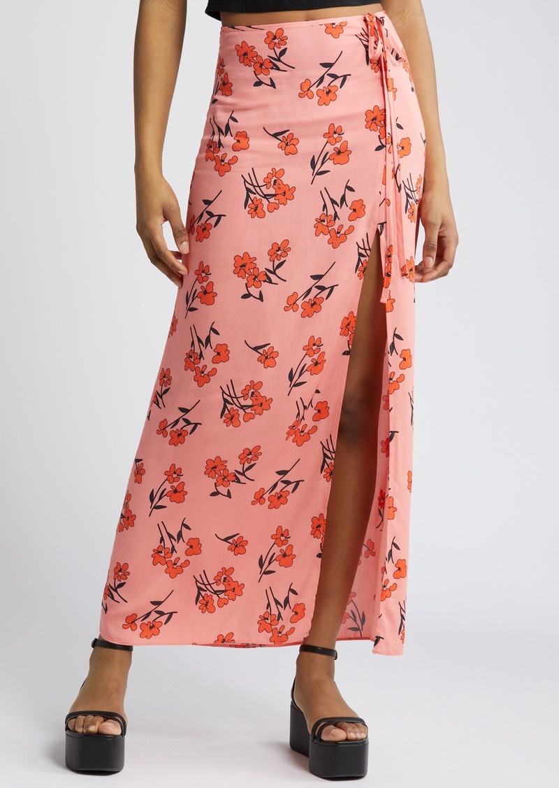 Topshop Ruched Cherry Blossom Side Slit Skirt in Pink at Nordstrom Rack