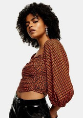 Topshop ruched cropped blouse in red heart print