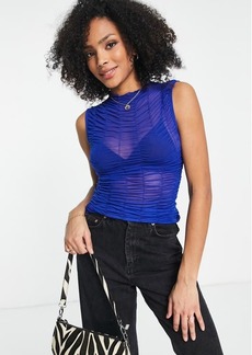 Topshop Ruched Mesh Sleeveless Top in Mid Blue at Nordstrom