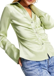 Topshop Ruched Satin Blouse in Mid Green at Nordstrom