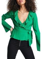 Topshop Ruffle Long Sleeve Jacquard Wrap Top in Mid Green at Nordstrom