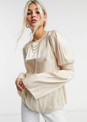Topshop satin ruched sleeve blouse in gold