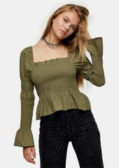 Topshop shirred blouse in khaki