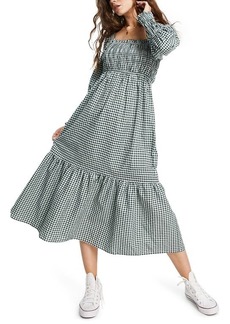Topshop Shirred Long Sleeve Gingham Midi Dress