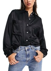 Topshop Smart Pocket Satin Button-Up Shirt in Black at Nordstrom