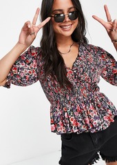 Topshop Smocked Ruffle Floral Tea Top in Mid Blue at Nordstrom