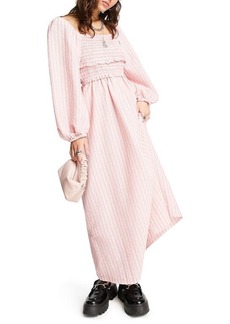 Topshop Smocked Stripe Long Sleeve Cotton Blend Midi Dress in Pink at Nordstrom