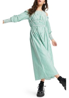 Topshop Smocked Stripe Poplin Long Sleeve Midi Dress in Mid Green at Nordstrom