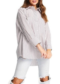 Topshop Stripe Oversize Cotton Blend Button-Up Shirt in Brown at Nordstrom