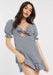 Topshop tie front puff sleeve mini dress in navy gingham