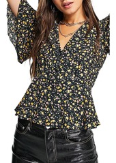Topshop Tiered Frill Sleeve Floral Blouse in Black at Nordstrom