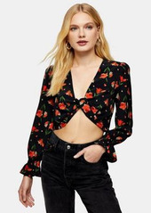 Topshop tulip print tie front cropped blouse in black