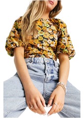 Topshop Vintage Floral Print Puff Sleeve Lace Back Blouse in Mustard at Nordstrom