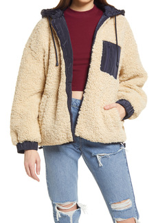 Topshop Faux Shearling & Nylon Hooded Zip Jacket in Cream Multi at Nordstrom