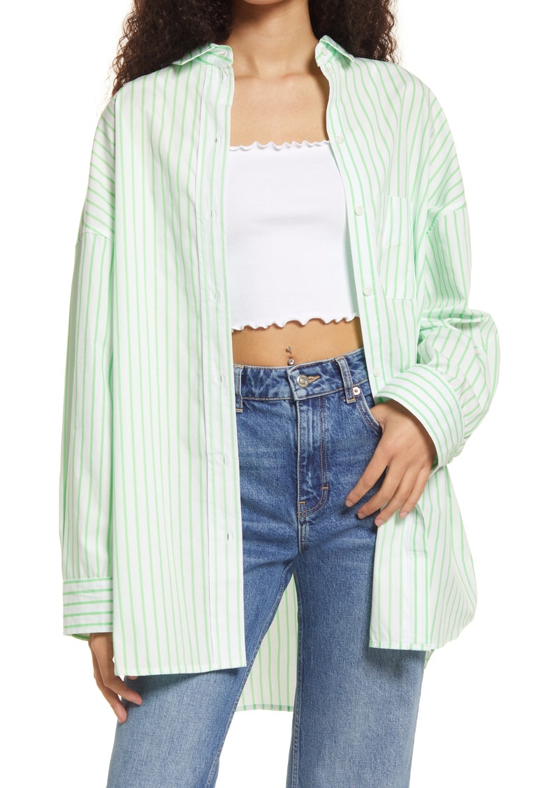 Topshop Oversize Poplin Button-Up Shirt in Mid Green at Nordstrom