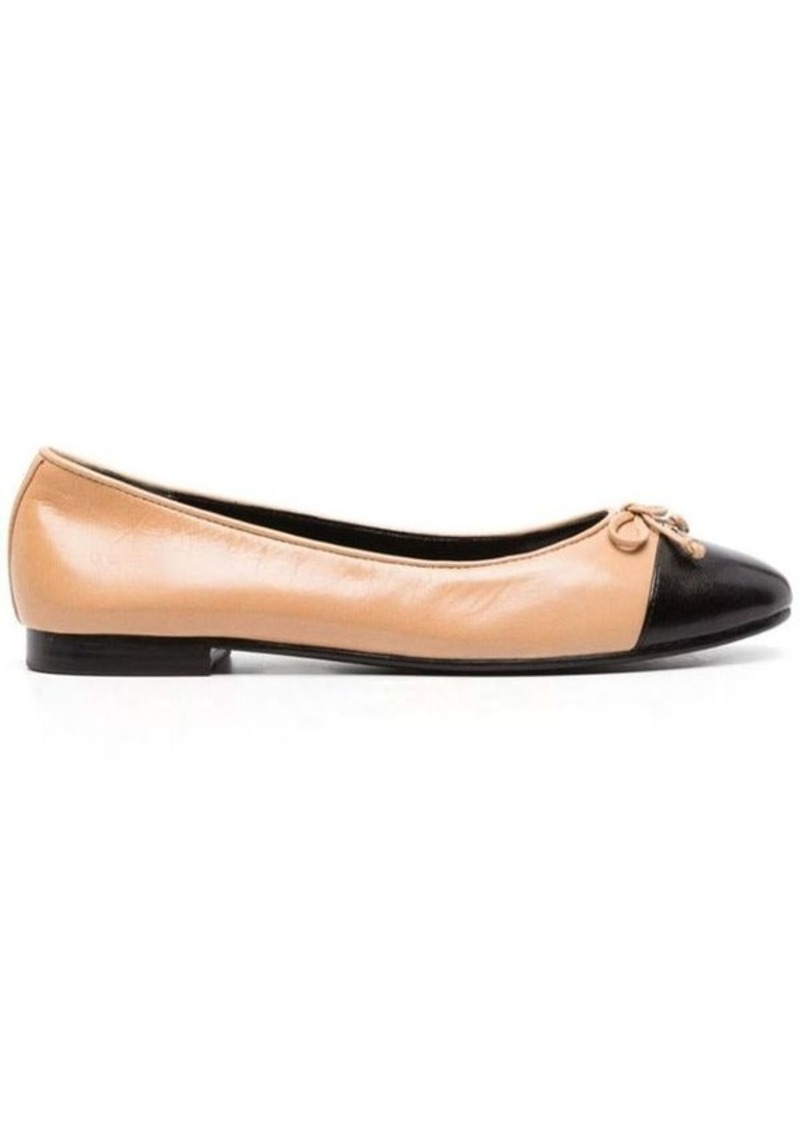 Tory Burch Beige Ballet Flats with Bow Detail and Contrasting Toe in Leather Woman