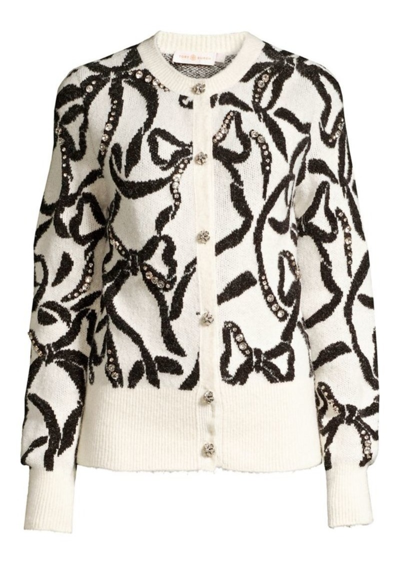 Tory Burch Bejeweled Bow Merino Wool & Alpaca-Blend Cardigan | Sweaters