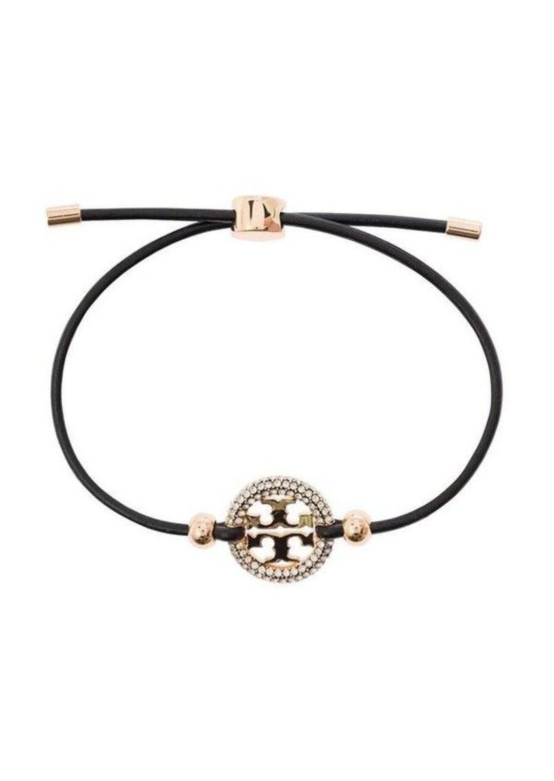 Tory Burch Black Bracelet with Logo Detail and Rhinestone in Leather Woman