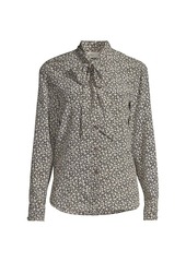 Tory Burch Ditsy Floral Bow Silk Twill Long-Sleeve Blouse