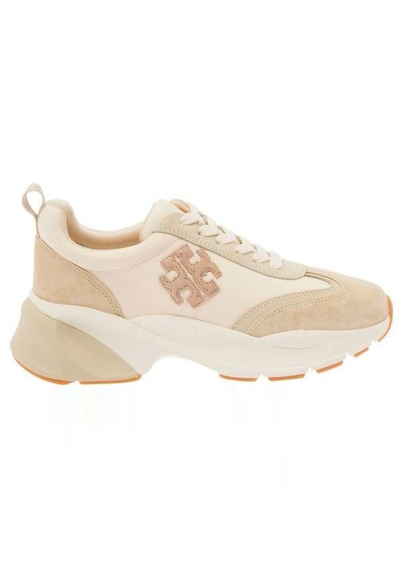 Tory Burch 'Good Luck' Beige Low Top Sneakers with Logo Detail and Oversized Platform in Suede Woman