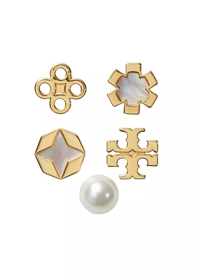 Tory Burch Kira 18K-Gold-Plated, Mother-Of-Pearl & Glass Pearl 5-Piece Clover Stud Earring Set