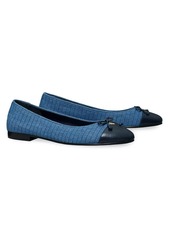 Tory Burch Leather & Quilted Denim Cap-Toe Ballet Flats