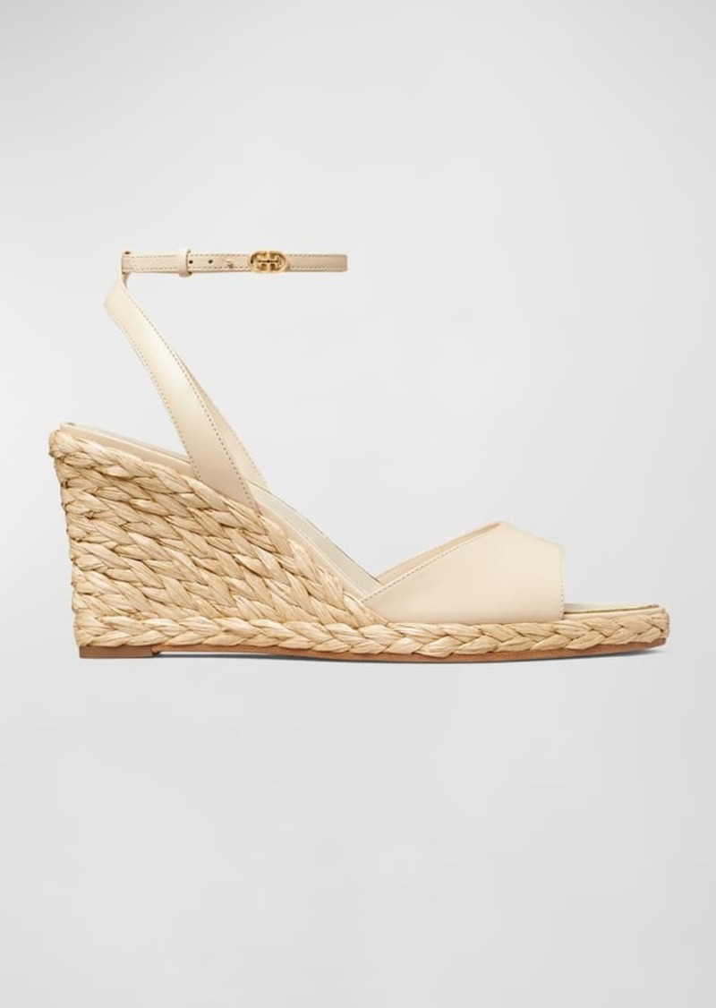 Tory Burch Leather Raffia Ankle-Strap Wedge Espadrilles