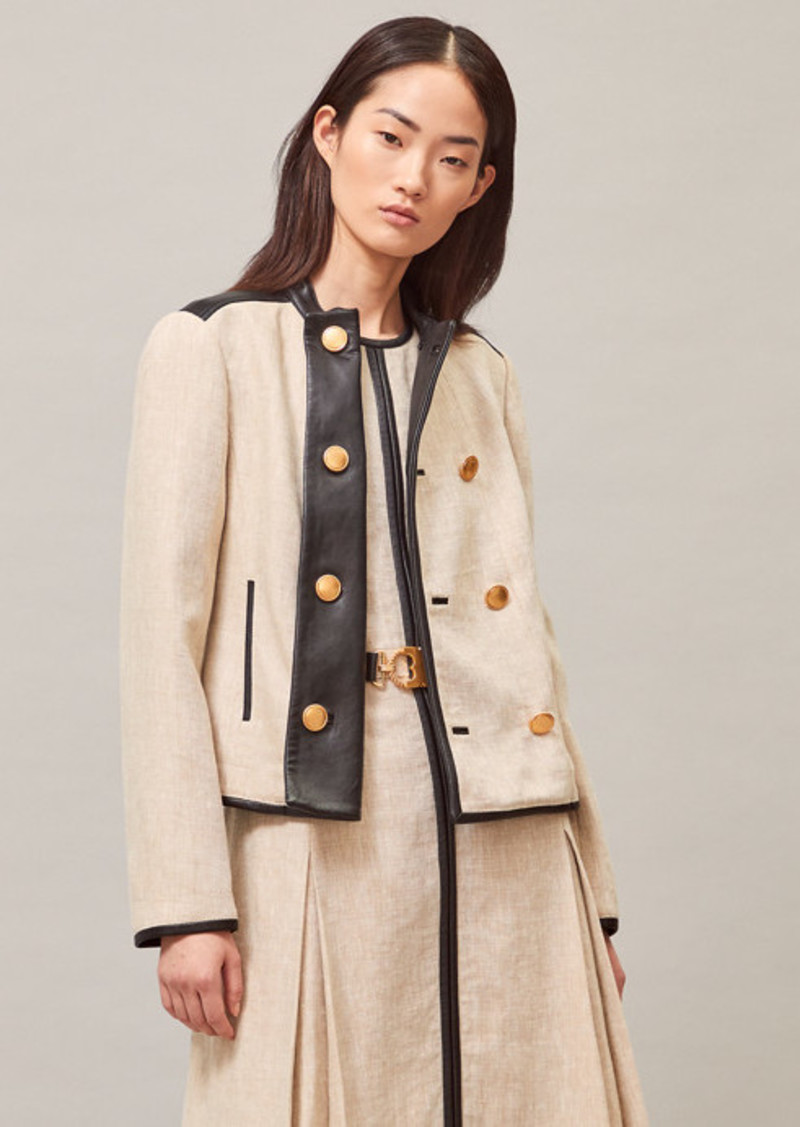 Tory Burch Leather-Trimmed Linen Jacket | Outerwear