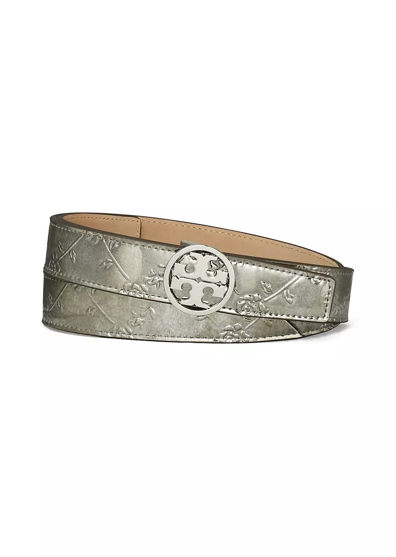 Tory Burch Miller Floral Embossed Leather Metallic Belt