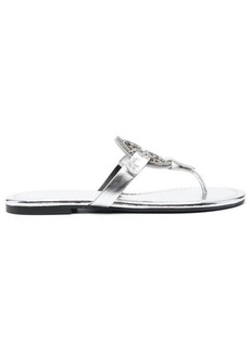 'Miller' Silver-Tone Thong Sandal with Crystal Embellished Logo in Metallic Leather Woman Tory Burch